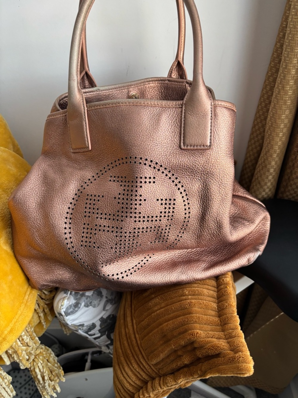 Tory Burch Metallic Rose Gold Perforated Logo Tote